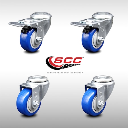 Service Caster 3.5 Inch SS Blue Polyurethane Bolt Hole Caster Set with 2 Total Lock Brake SCC SCC-SSBHTTL20S3514-PPUB-BLUE-2-S-2